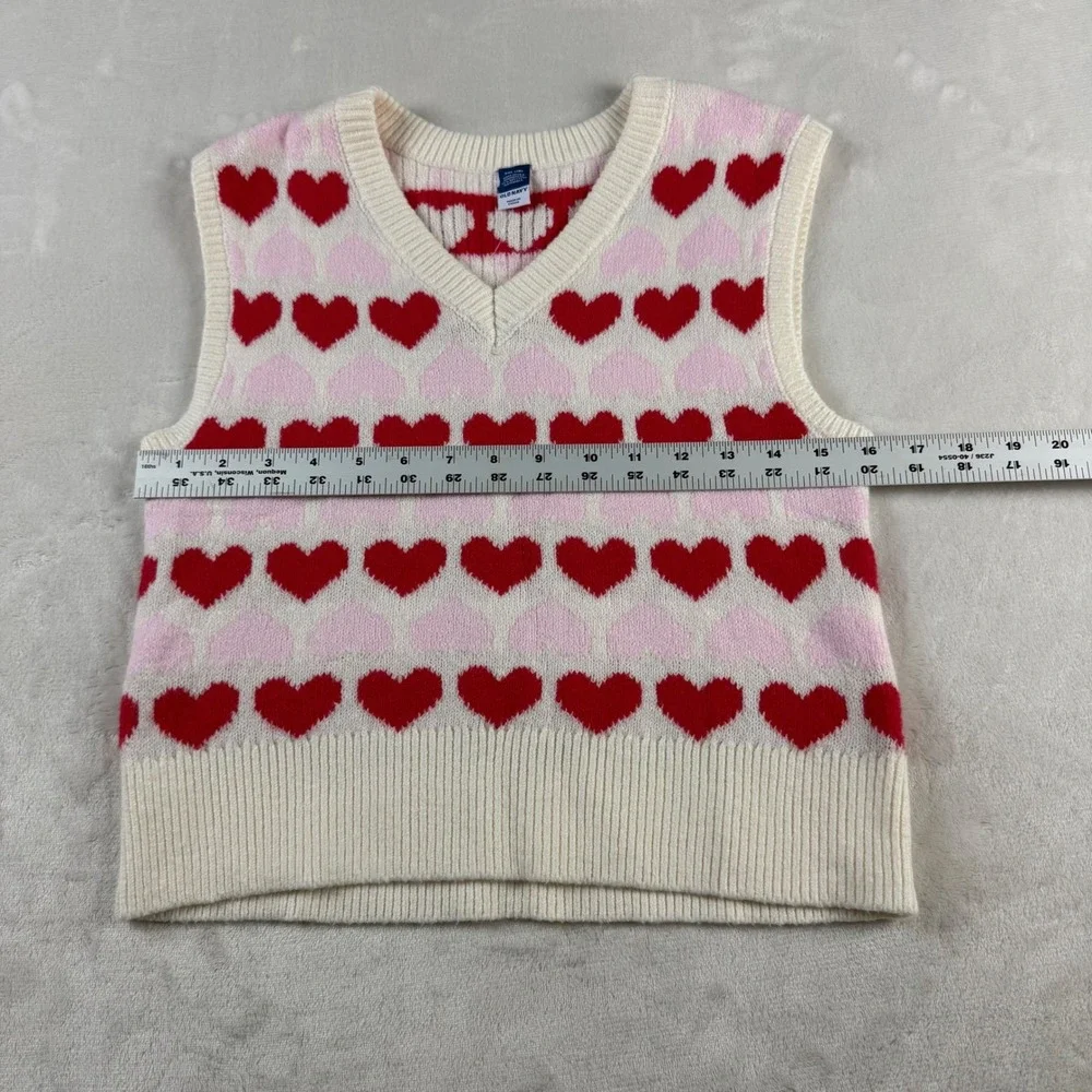 Old Navy Heart Sweater Vest Girls XXL 18 Pink Red White V-Neck Knit Coquette‎